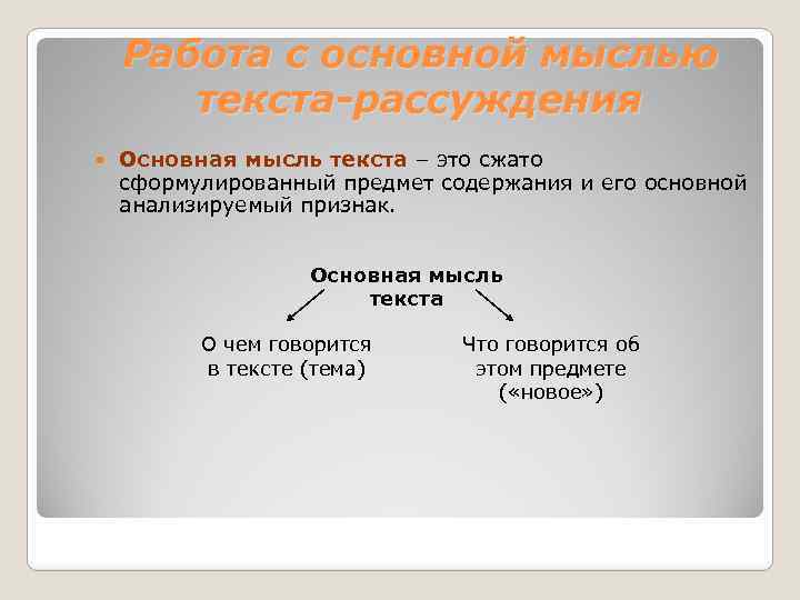 Работа с основной мыслью текста-рассуждения Основная мысль текста – это сжато сформулированный предмет содержания