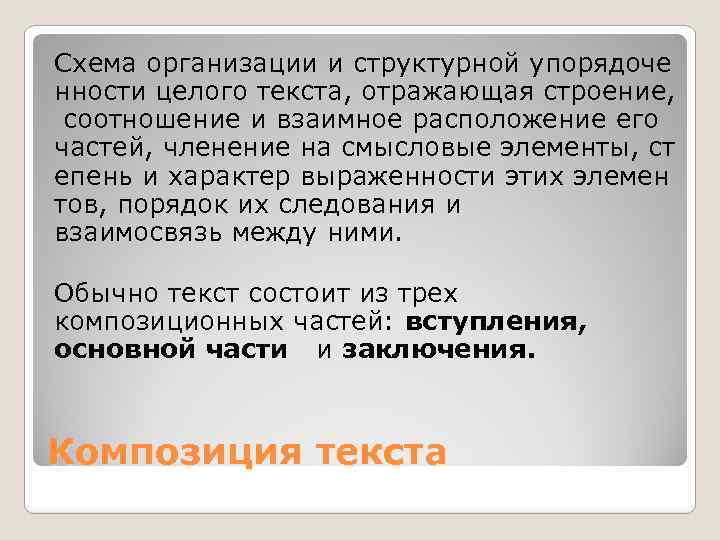 Схема организации и структурной упорядоче нности целого текста, отражающая строение, соотношение и взаимное расположение