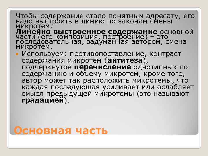 Чтобы содержание стало понятным адресату, его надо выстроить в линию по законам смены микротем.