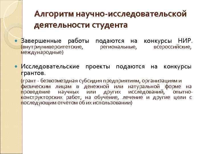 Алгоритм научно-исследовательской деятельности студента Завершенные работы подаются на конкурсы НИР. Исследовательские проекты подаются на