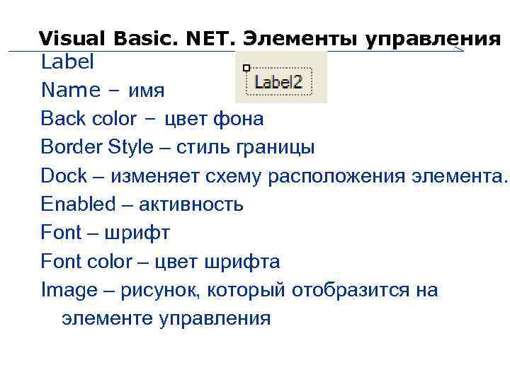 Visual Basic. NET. Элементы управления Label Name – имя Back color – цвет фона