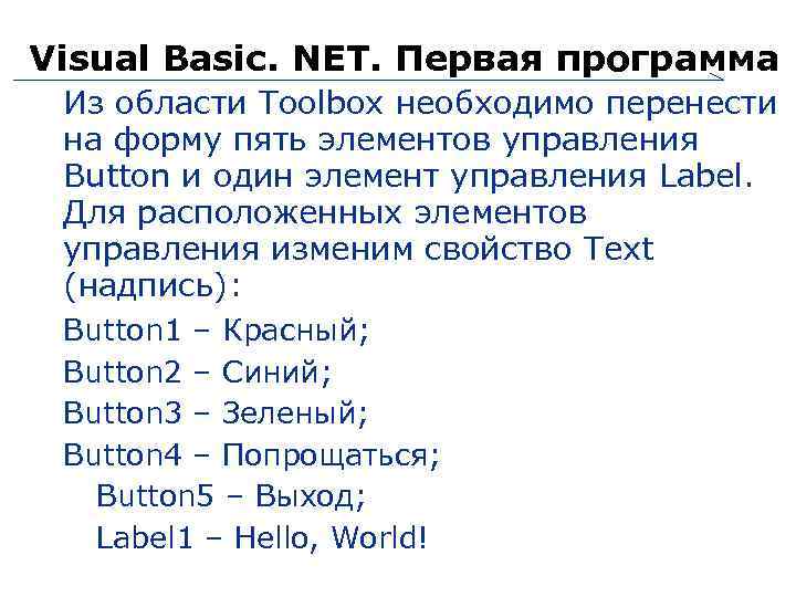 Visual Basic. NET. Первая программа Из области Toolbox необходимо перенести на форму пять элементов