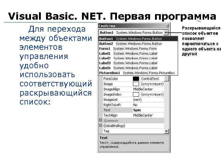 Visual Basic. NET. Первая программа Для перехода между объектами элементов управления удобно использовать соответствующий