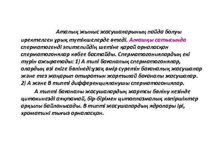 Аталық жыныс жасушаларының пайда болуы иректелген ұрық түтікшелерде өтеді. Алғашқы сатысында сперматогенді эпителийдің шетіне