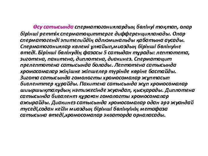 Өсу сатысында сперматогониялардың бөлінуі тоқтап, олар бірінші реттік сперматоциттерге дифференцияланады. Олар сперматогенді эпителийдің адлюминальды