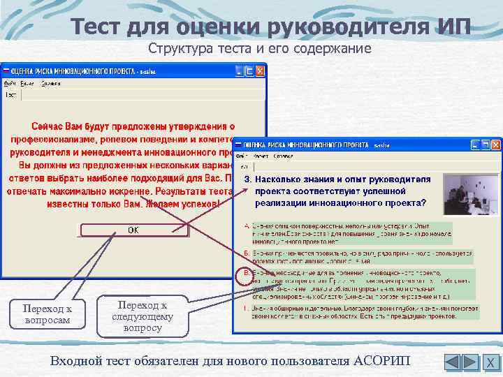 Тест для оценки руководителя ИП Структура теста и его содержание Переход к вопросам Переход