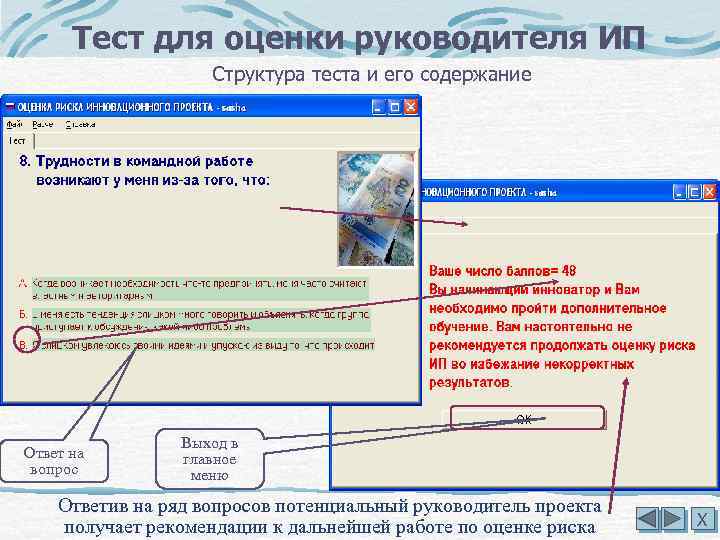 Тест для оценки руководителя ИП Структура теста и его содержание Ответ на вопрос Выход