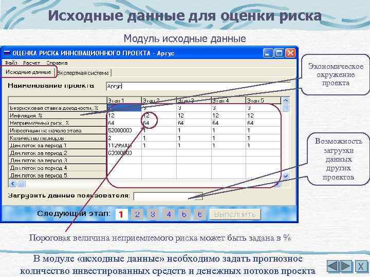 Исходные данные для оценки риска Модуль исходные данные Экономическое окружение проекта Возможность загрузки данных