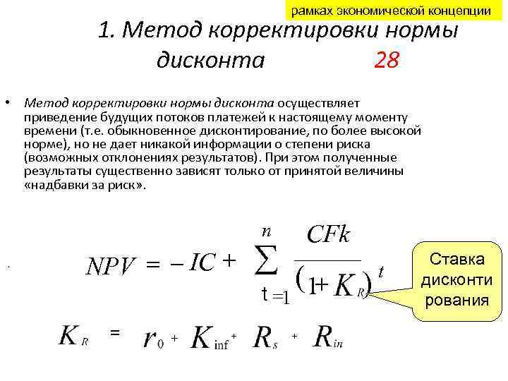 рамках экономической концепции 1. Метод корректировки нормы дисконта 28 • Метод корректировки нормы дисконта