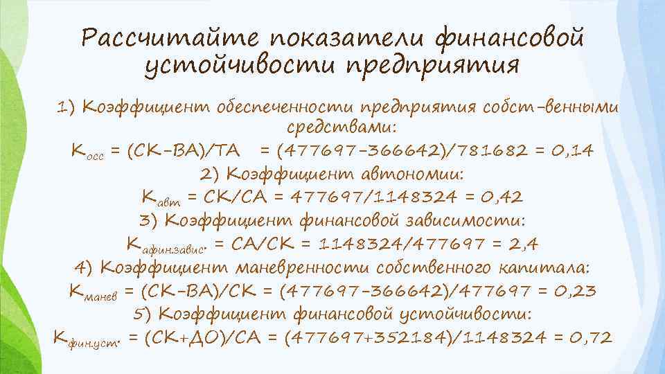 Рассчитайте показатели финансовой устойчивости предприятия 1) Коэффициент обеспеченности предприятия собст венными средствами: Косс =
