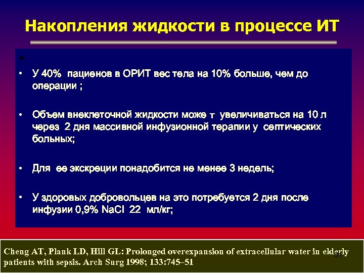 Накопления жидкости в процессе ИТ • • У 40% пациенов в ОРИТ вес тела