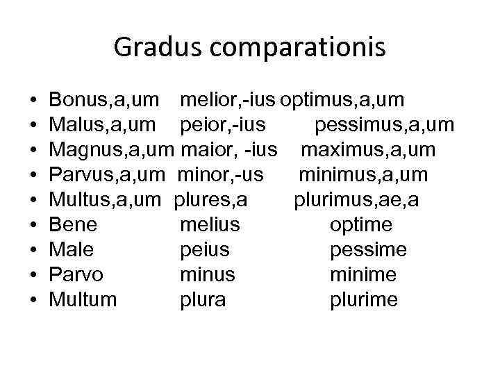 Gradus comparationis • • • Bonus, a, um melior, -ius optimus, a, um Malus,