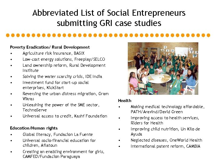 Abbreviated List of Social Entrepreneurs submitting GRI case studies Poverty Eradication/ Rural Development •