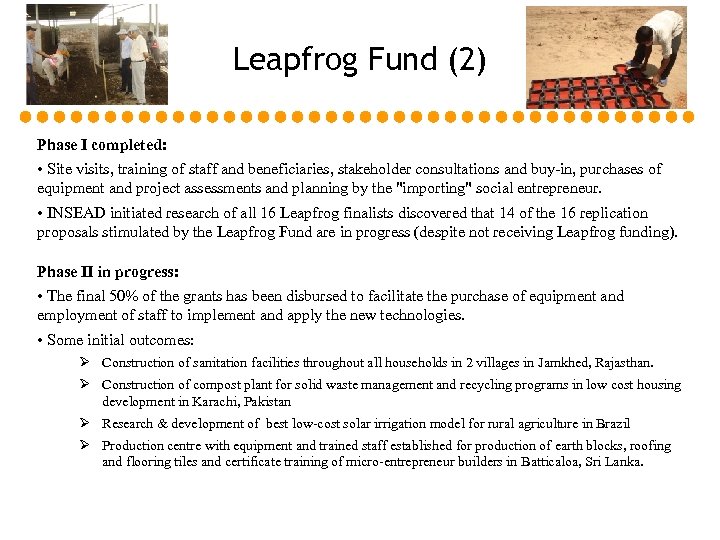 Leapfrog Fund (2) Phase I completed: • Site visits, training of staff and beneficiaries,