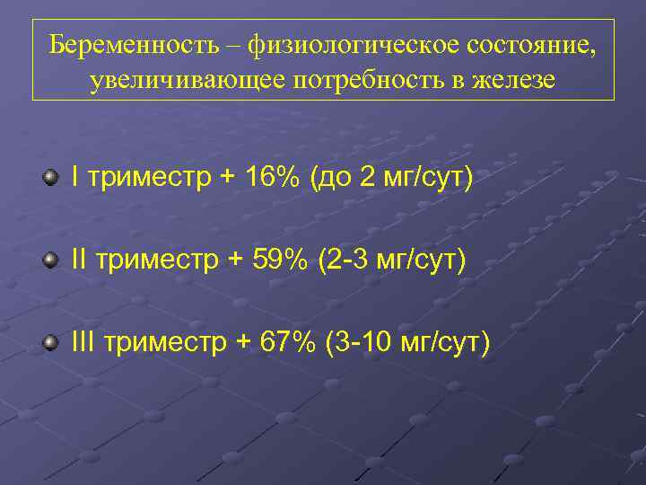 Беременность – физиологическое состояние, увеличивающее потребность в железе I триместр + 16% (до 2