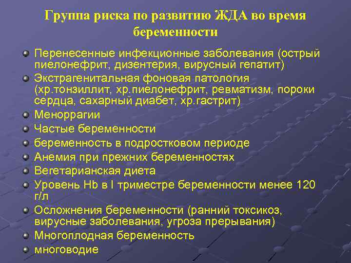 Группа риска по развитию ЖДА во время беременности Перенесенные инфекционные заболевания (острый пиелонефрит, дизентерия,