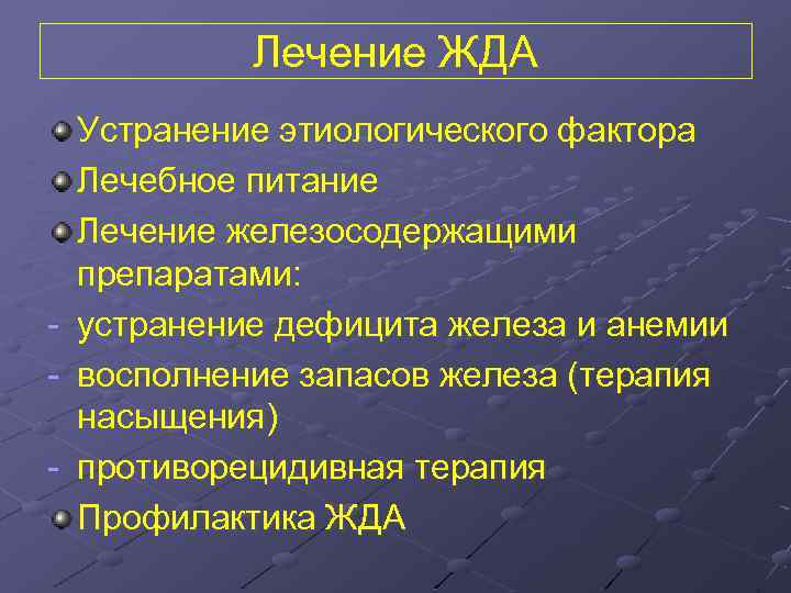 Лечение ЖДА - Устранение этиологического фактора Лечебное питание Лечение железосодержащими препаратами: устранение дефицита железа