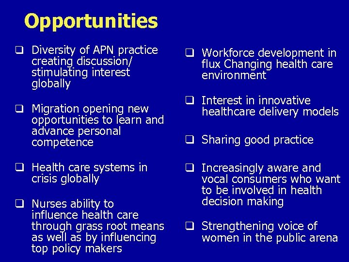 Opportunities q Diversity of APN practice creating discussion/ stimulating interest globally q Migration opening
