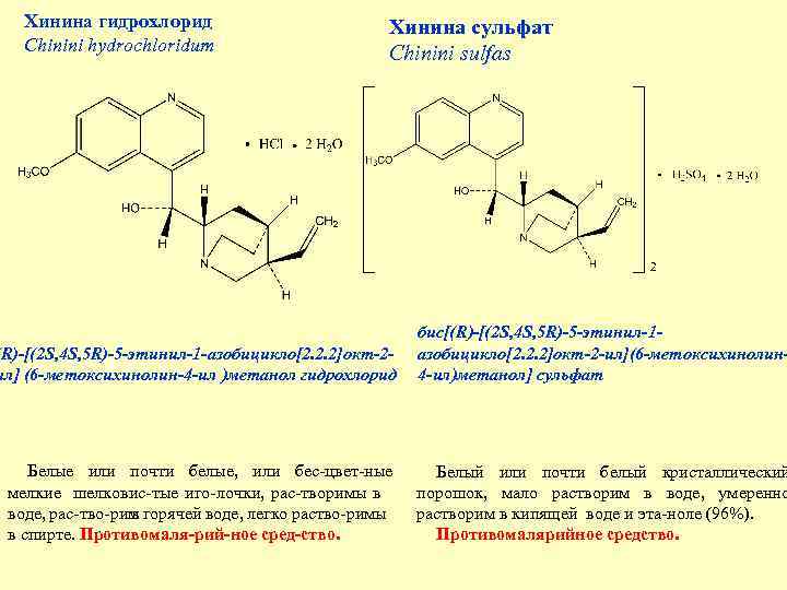 Хинина гидрохлорид Chinini hydrochloridum Хинина сульфат Chinini sulfas (R)-[(2 S, 4 S, 5 R)-5