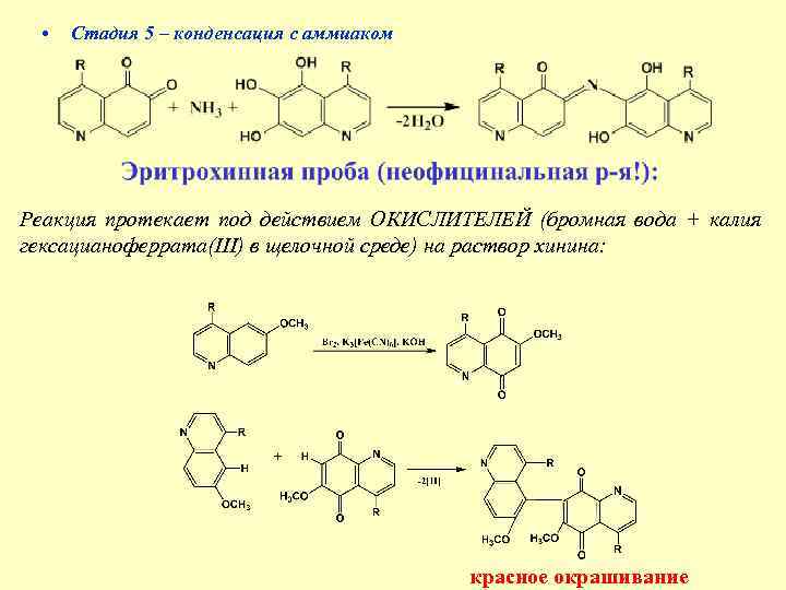 Реакции с аммиаком. Таллейохинная проба на производные хинолина. Талейохинная проба на хинин. Хинина гидрохлорид Эритрохинная проба. Эритрохинная проба на хинин.