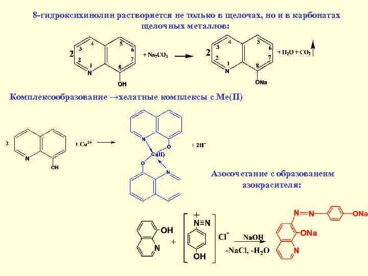 8 гидроксихинолин растворяется не только в щелочах, но и в карбонатах щелочных металлов: Комплексообразование