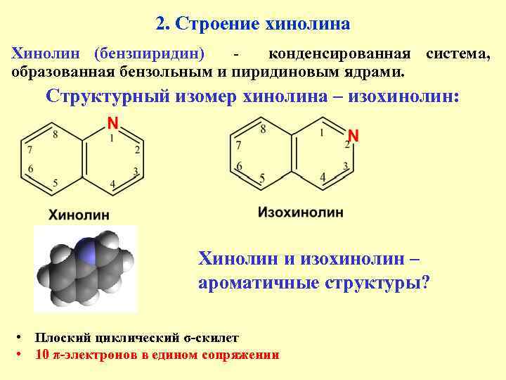 2. Строение хинолина Хинолин (бензпиридин) конденсированная система, образованная бензольным и пиридиновым ядрами. Структурный изомер