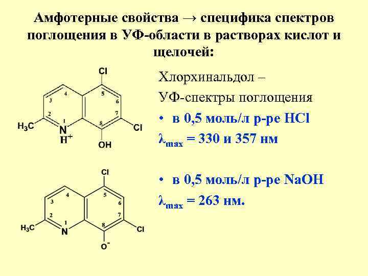Амфотерные свойства → специфика спектров поглощения в УФ области в растворах кислот и щелочей: