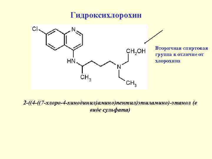 Гидроксихлорохин Вторичная спиртовая группа в отличие от хлорохина 2 -((4 -((7 -хлоро-4 -хинодинил)амино)пентил)этиламино)-этанол (в