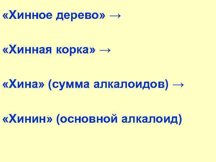  «Хинное дерево» → «Хинная корка» → «Хина» (сумма алкалоидов) → «Хинин» (основной алкалоид)