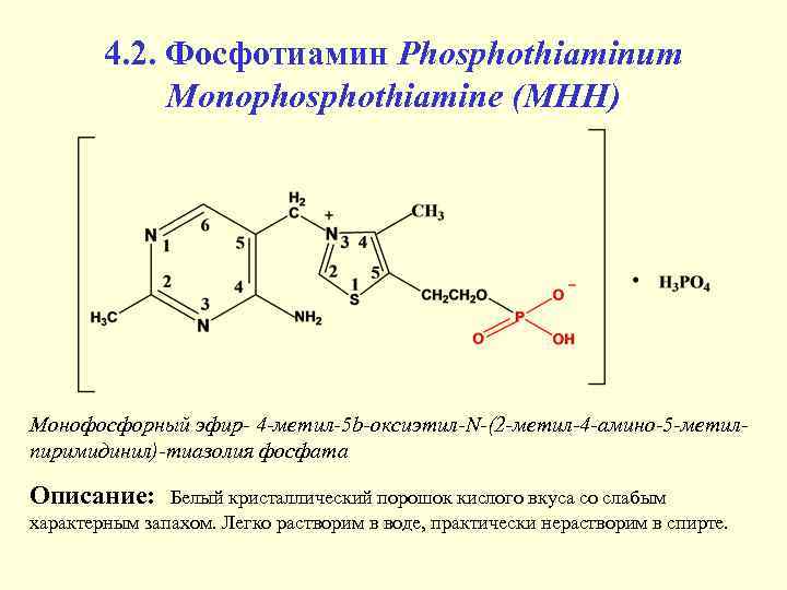 4. 2. Фосфотиамин Phosphothiaminum Monophosphothiamine (МНН) Монофосфорный эфир- 4 -метил-5 b-оксиэтил-N-(2 -метил-4 -амино-5 -метилпиримидинил)-тиазолия