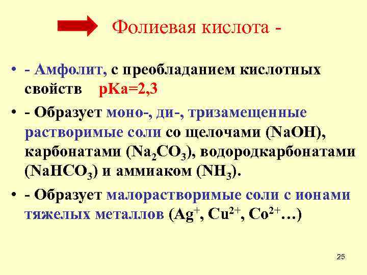 Фолиевая кислота • - Амфолит, с преобладанием кислотных свойств p. Ka=2, 3 • -