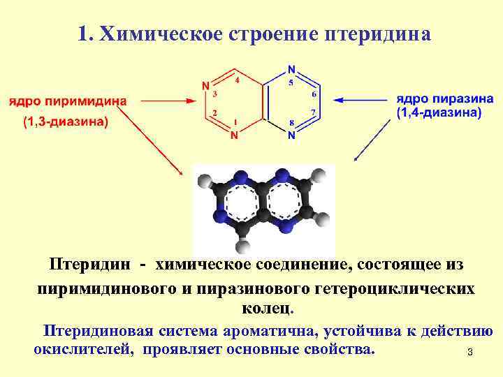 1. Химическое строение птеридина Птеридин - химическое соединение, состоящее из пиримидинового и пиразинового гетероциклических