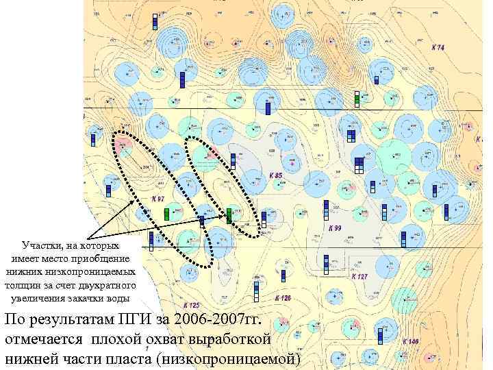 Участки, на которых имеет место приобщение нижних низкопроницаемых толщин за счет двухратного увеличения закачки