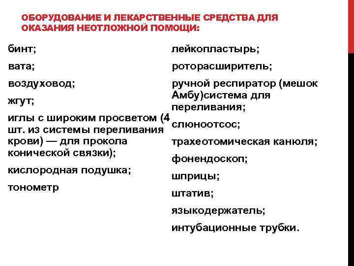 ОБОРУДОВАНИЕ И ЛЕКАРСТВЕННЫЕ СРЕДСТВА ДЛЯ ОКАЗАНИЯ НЕОТЛОЖНОЙ ПОМОЩИ: бинт; лейкопластырь; вата; роторасширитель; воздуховод; ручной