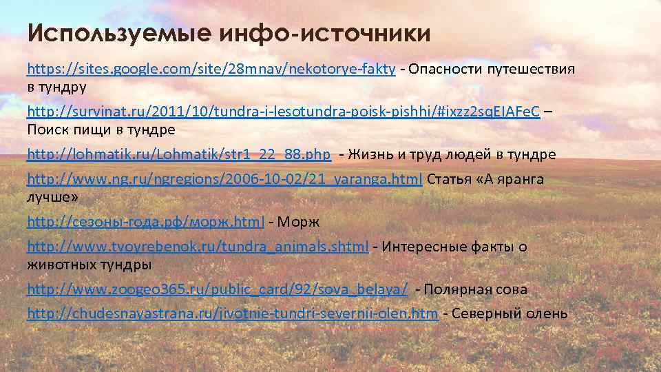 Используемые инфо-источники https: //sites. google. com/site/28 mnav/nekotorye-fakty - Опасности путешествия в тундру http: //survinat.