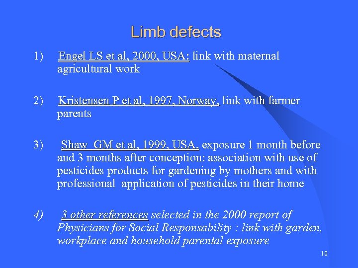 Limb defects 1) Engel LS et al, 2000, USA: link with maternal Engel LS