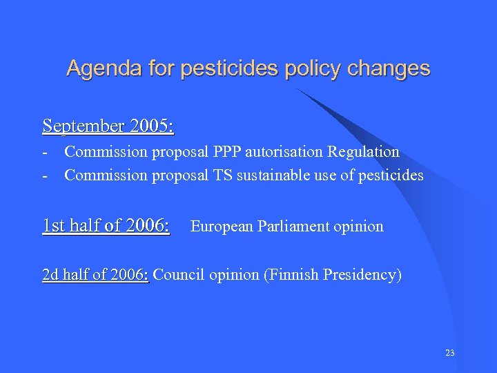 Agenda for pesticides policy changes September 2005: - Commission proposal PPP autorisation Regulation -