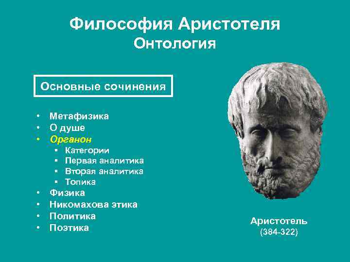 Философия Аристотеля Онтология Основные сочинения • Метафизика • О душе • Органон § §