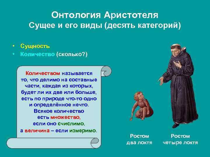 Онтология Аристотеля Сущее и его виды (десять категорий) • Сущность • Количество (сколько? )