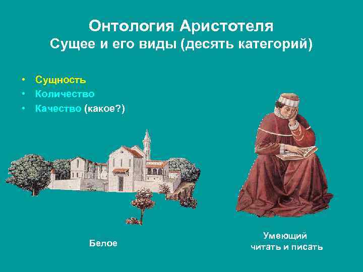 Онтология Аристотеля Сущее и его виды (десять категорий) • Сущность • Количество • Качество