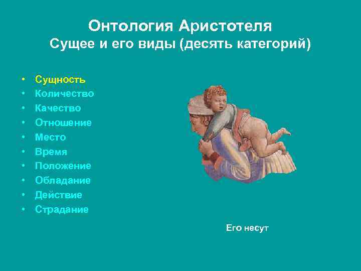Онтология Аристотеля Сущее и его виды (десять категорий) • • • Сущность Количество Качество