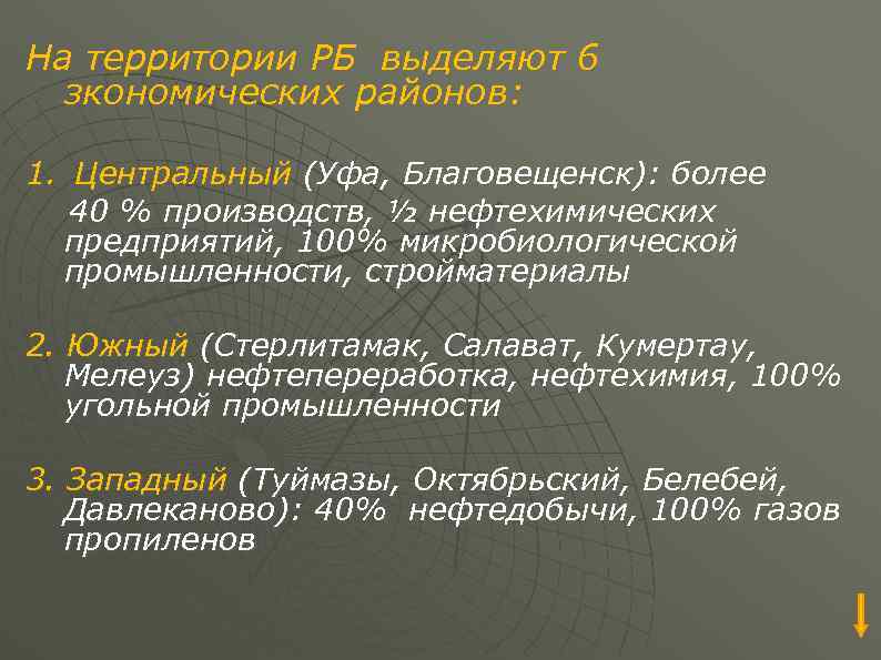 На территории РБ выделяют 6 зкономических районов: 1. Центральный (Уфа, Благовещенск): более 40 %