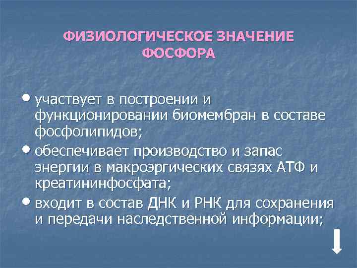 ФИЗИОЛОГИЧЕСКОЕ ЗНАЧЕНИЕ ФОСФОРА • участвует в построении и функционировании биомембран в составе фосфолипидов; •