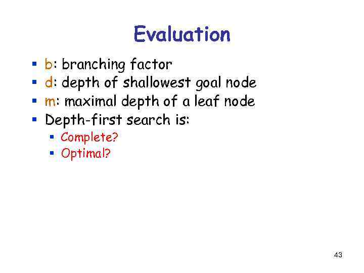 Evaluation § § b: branching factor d: depth of shallowest goal node m: maximal