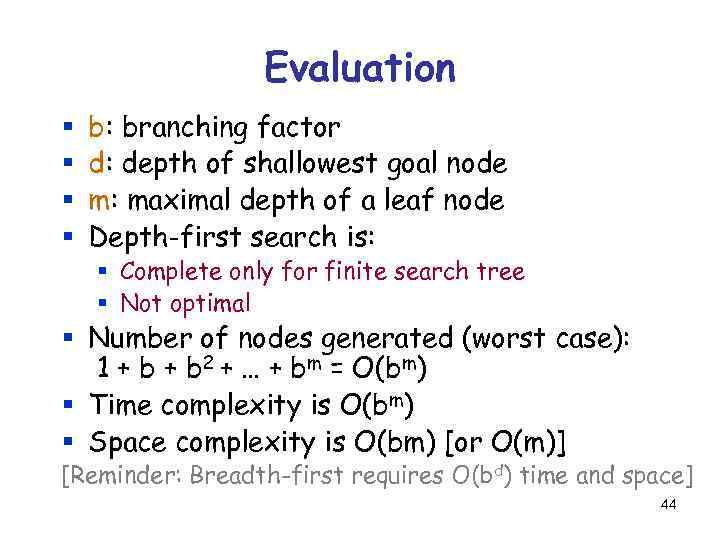 Evaluation § § b: branching factor d: depth of shallowest goal node m: maximal