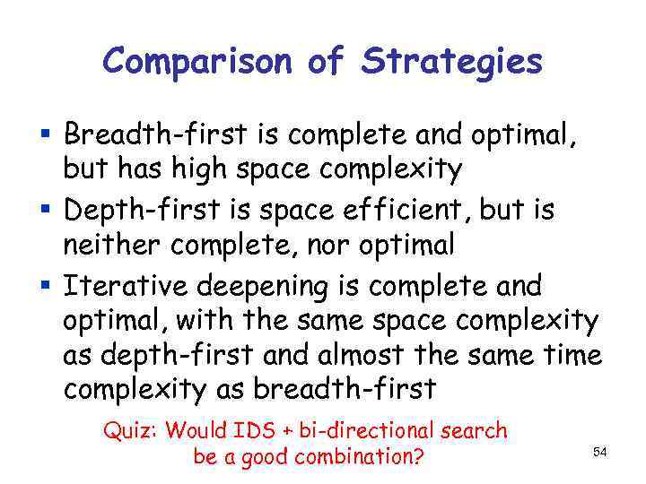 Comparison of Strategies § Breadth-first is complete and optimal, but has high space complexity