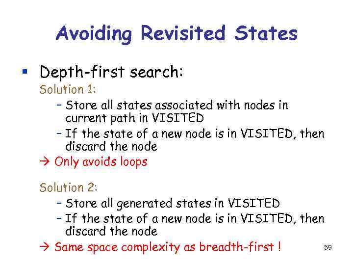 Avoiding Revisited States § Depth-first search: Solution 1: – Store all states associated with