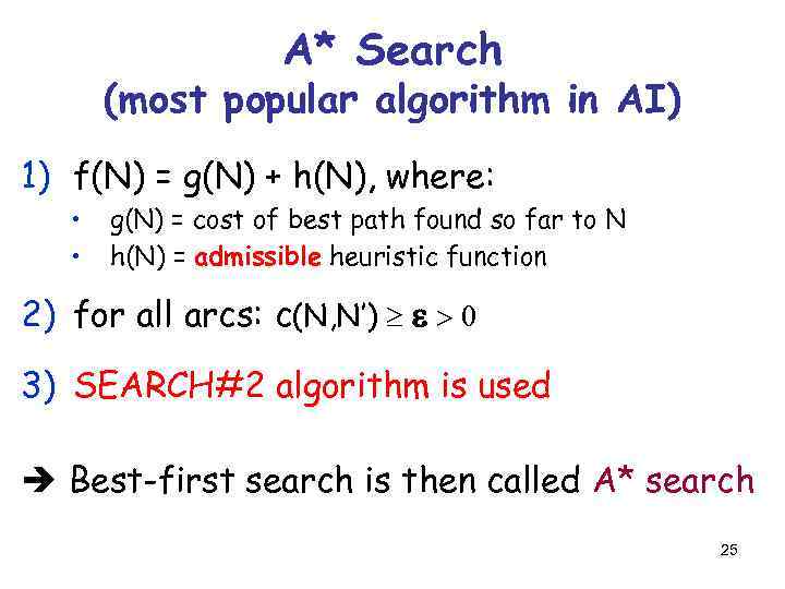 A* Search (most popular algorithm in AI) 1) f(N) = g(N) + h(N), where: