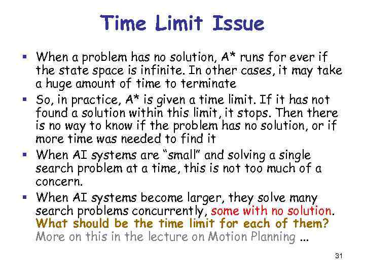 Time Limit Issue § When a problem has no solution, A* runs for ever