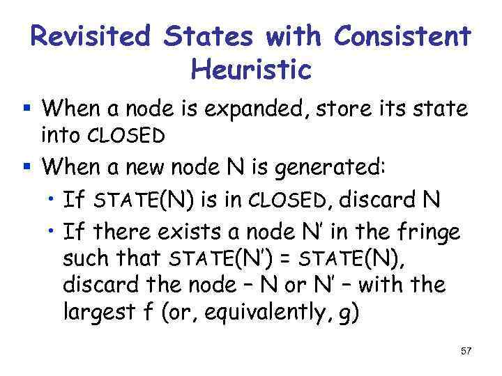 Revisited States with Consistent Heuristic § When a node is expanded, store its state